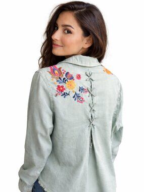 Billy T. shirt jacket, embroidered front & back, corset style lace-up back, boho